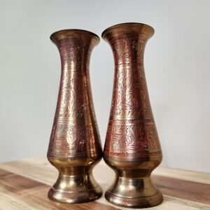 Set of 2 Vintage Etched Brass Red Bohemian Art Deco Vase India